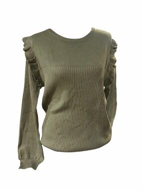 Deepself Olive Green Ruffle Shoulder Ribbed Knit Sweater Large